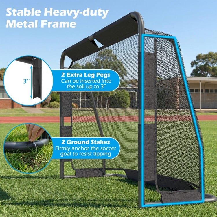 Soccer goal set featuring a 6 ft x 4 ft metal frame, with net and anchoring system for backyard training and stability.
