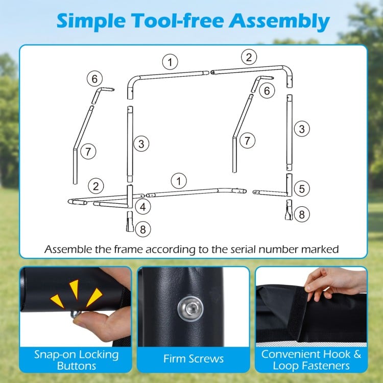 Assembly instructions for the 6 ft x 4 ft metal frame soccer goal set with snap-on buttons and hook & loop fasteners.