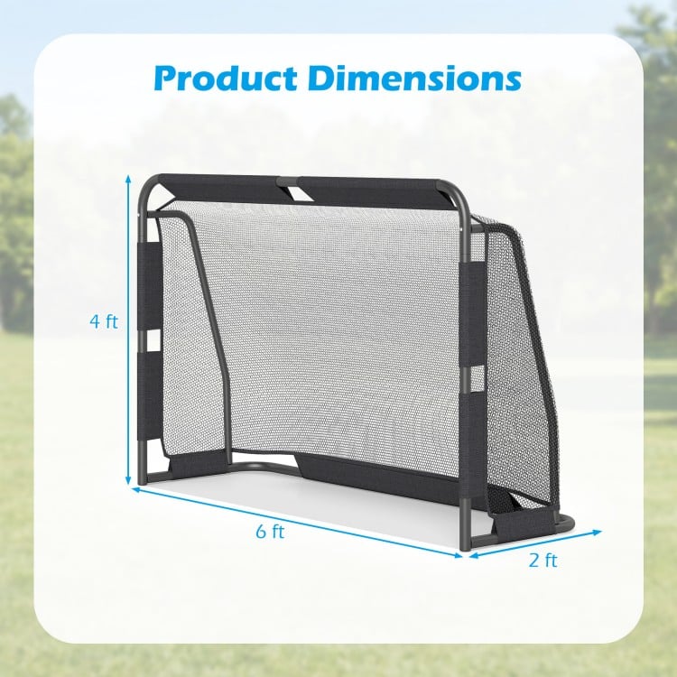 Product dimensions of the 6 ft x 4 ft soccer goal set with a sturdy metal frame and net for backyard training.