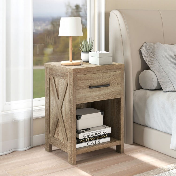 Nightstand with drawer and shelf in natural finish, featuring farmhouse style and spacious tabletop for convenient.