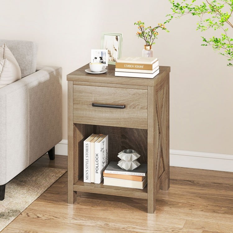 Nightstand with drawer and shelf in natural finish, featuring farmhouse style and spacious tabletop for living room or.