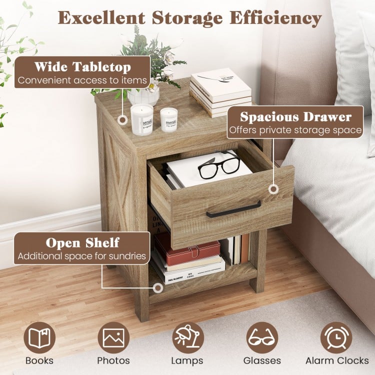 Nightstand with drawer and open shelf in natural finish, featuring X-shaped patterns for farmhouse style and convenient.