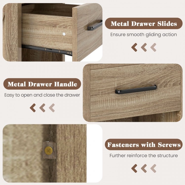 Natural nightstand with a drawer and shelf, featuring metal slides and handle, ideal for living room or bedroom storage.