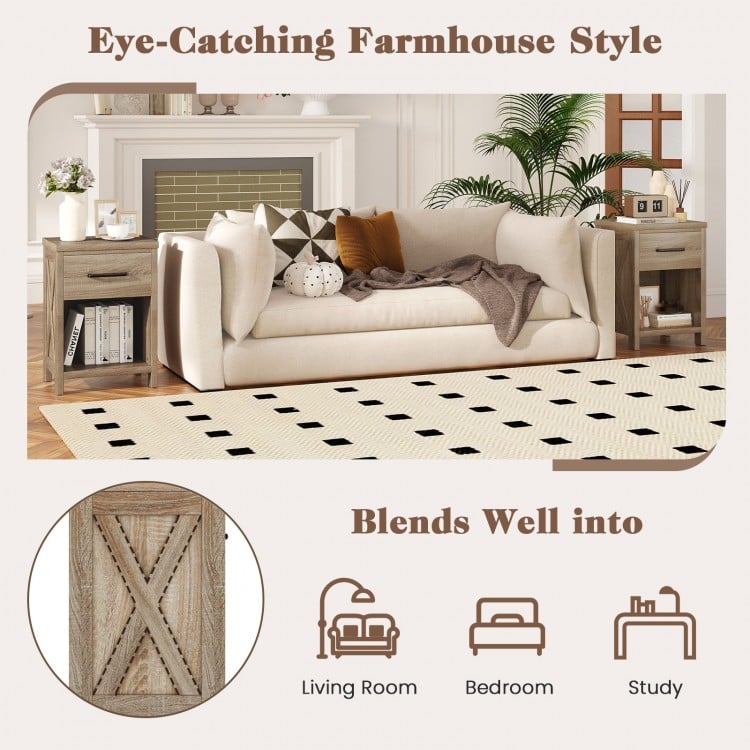Nightstand with drawer and shelf in natural finish, featuring X-patterns, ideal for living room or bedroom storage.