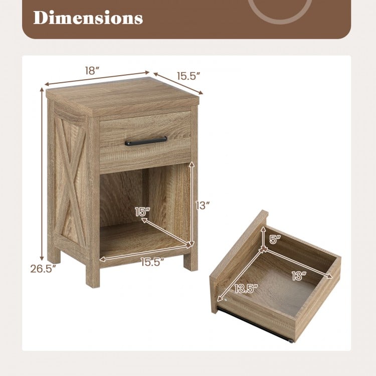 Natural nightstand with drawer and shelf, featuring farmhouse design, dimensions 18" x 15.5" x 26.5", ideal for bedroom.