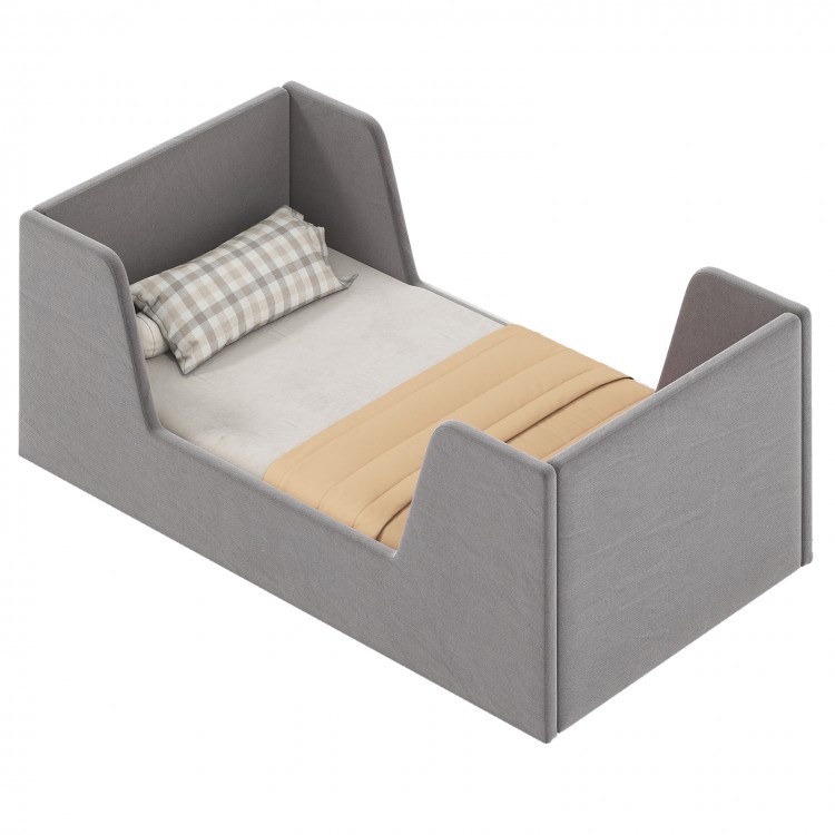 Gray soft velvet toddler bed frame with safety rails and wooden slats for stability, ideal for young children's rooms.