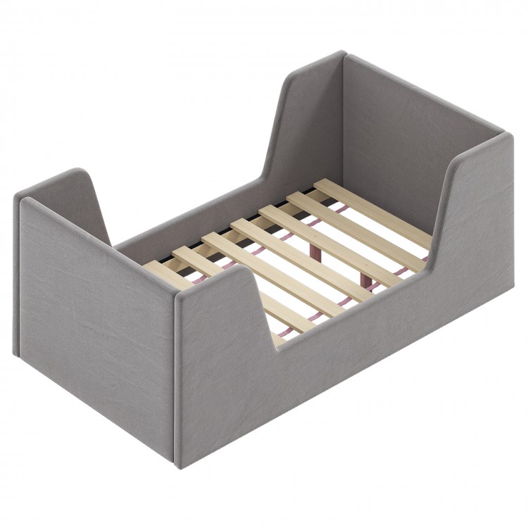 Gray soft velvet toddler bed frame with safety rails and wooden slats for stability and comfort.