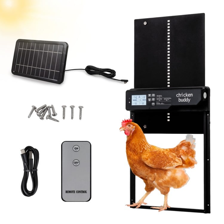 Solar powered automatic chicken coop door with remote control and solar panel, designed for reliable poultry access.