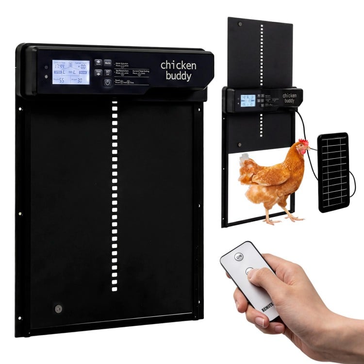 Solar powered automatic chicken coop door with remote, featuring a clear display and anti-pinch function for poultry safety.