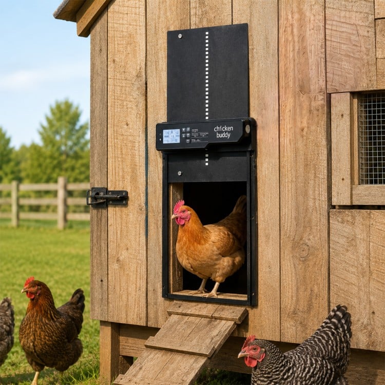 Solar powered automatic chicken coop door with anti-pinch function, clear display, and durable ABS housing for poultry safety.