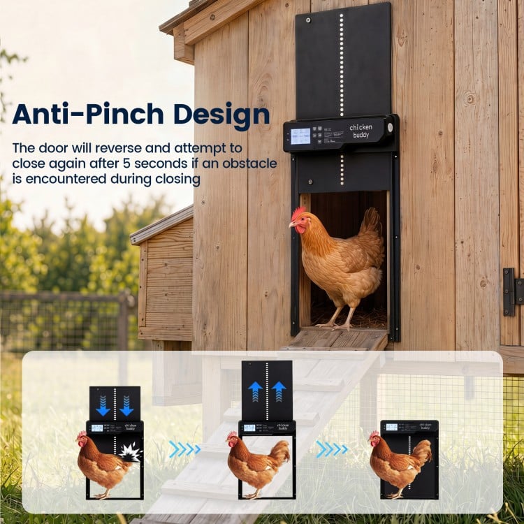 Solar powered automatic chicken coop door with anti-pinch design, featuring a clear display and durable ABS housing.