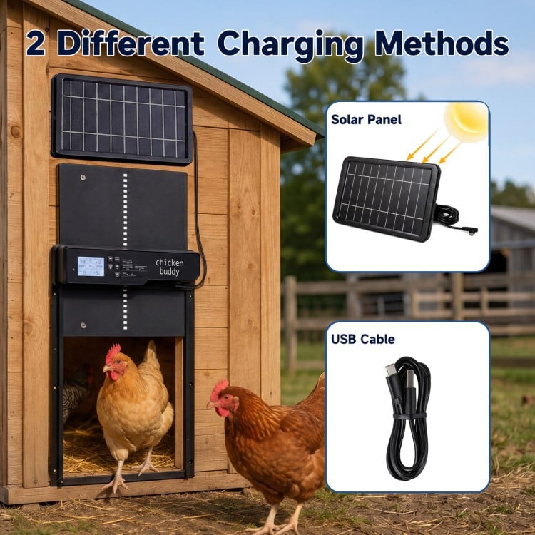 Solar powered automatic chicken coop door with anti-pinch function and dual charging options for reliable poultry access.