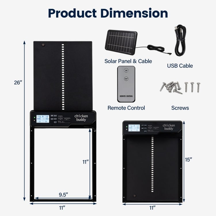 Solar powered automatic chicken coop door with anti-pinch function, clear display, and dual charging options for poultry safety.