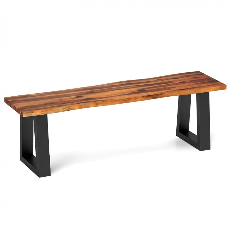 Solid acacia wood patio dining bench with metal legs, featuring a polished surface and minimalist design for stylish.