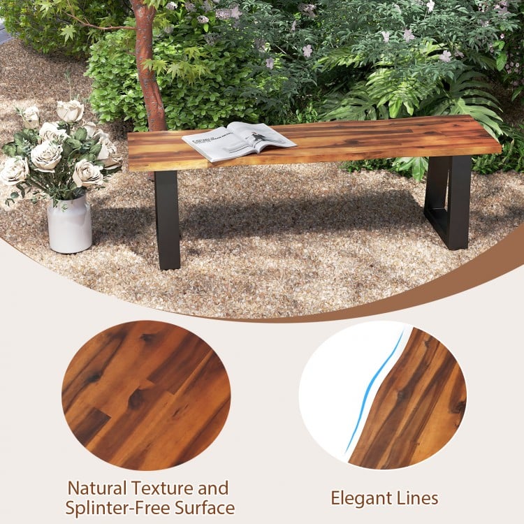 Solid acacia wood patio bench with metal legs, featuring a natural texture and elegant lines for stylish outdoor.