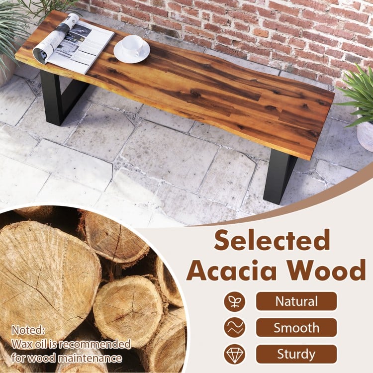 Solid acacia wood patio bench with metal legs, featuring a smooth surface and natural finish for stylish outdoor.