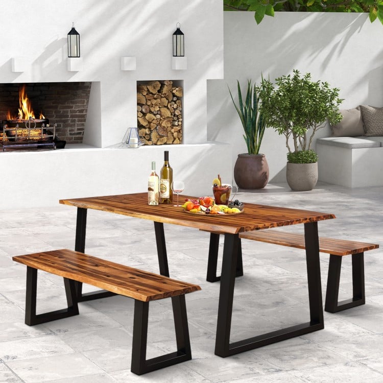 Solid acacia wood patio dining bench with metal legs, showcasing a polished surface for contemporary outdoor decor.