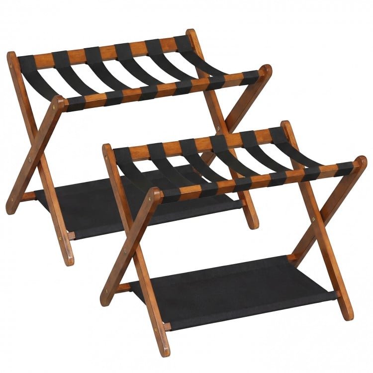 Solid rubberwood folding luggage rack set of 2 with nylon shelves, ideal for organizing bags and travel accessories.