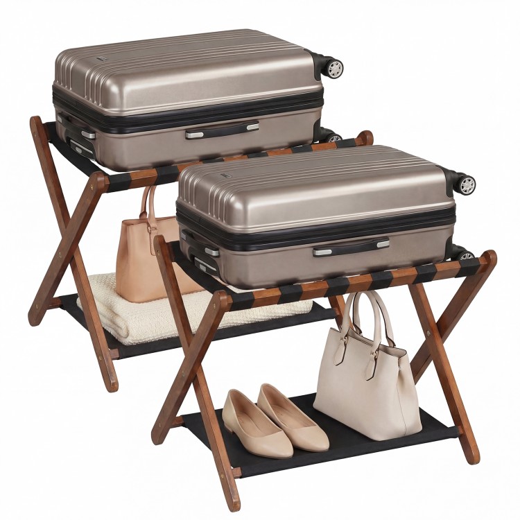Folding luggage rack with solid rubberwood frame and nylon shelf, providing a comfortable height for easy packing and.