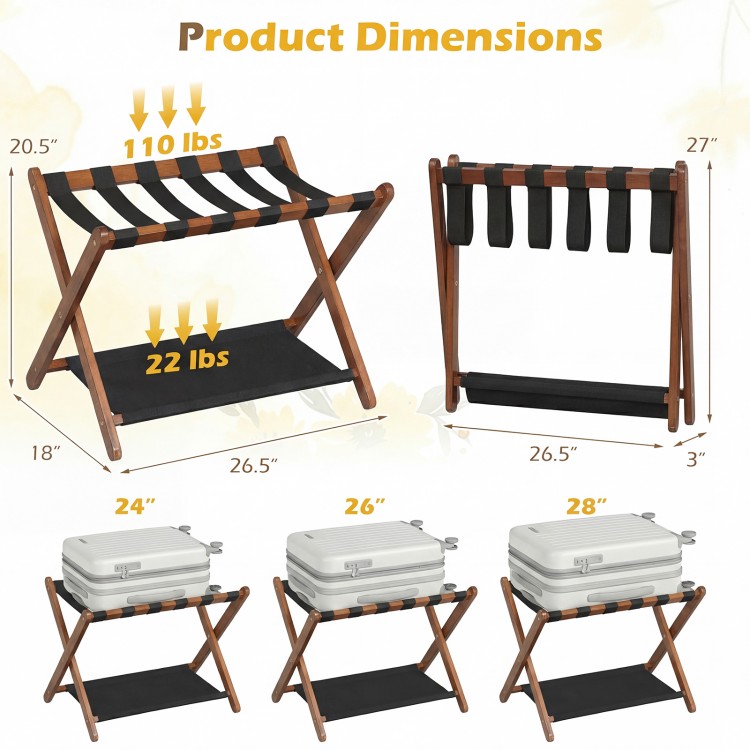 Solid rubberwood folding luggage rack set of 2 with nylon shelves, featuring a compact design for easy storage.