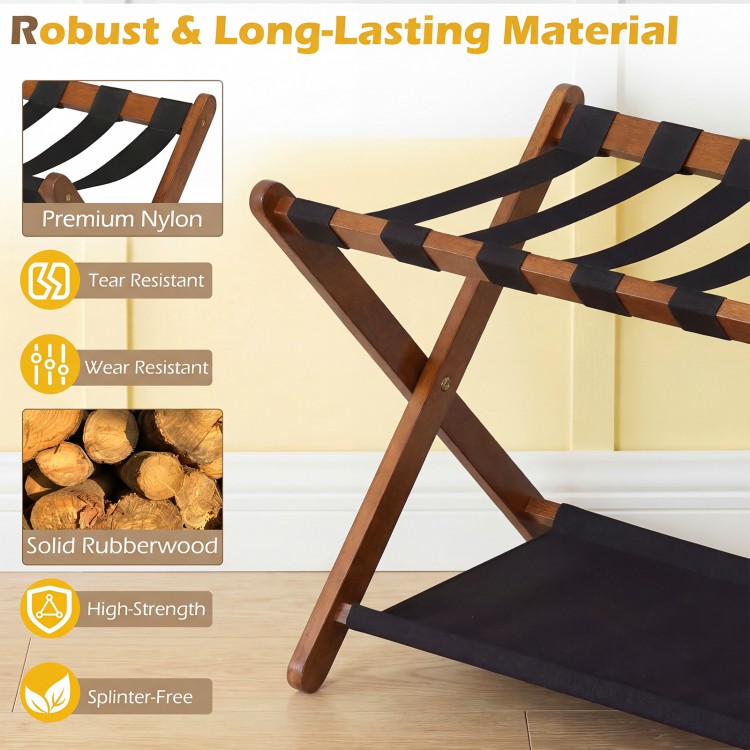 Solid rubberwood folding luggage rack with nylon shelves, featuring a sturdy design for organizing bags and travel.