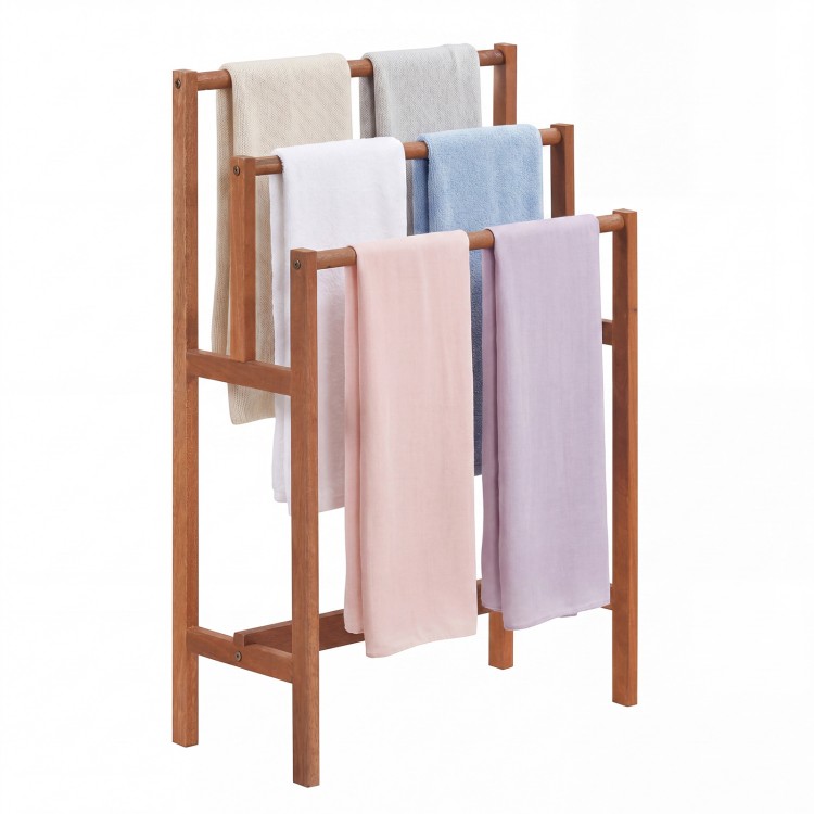 Freestanding solid wood 3-tier towel rack with teak oil finish, featuring large hanging space for organized towels.