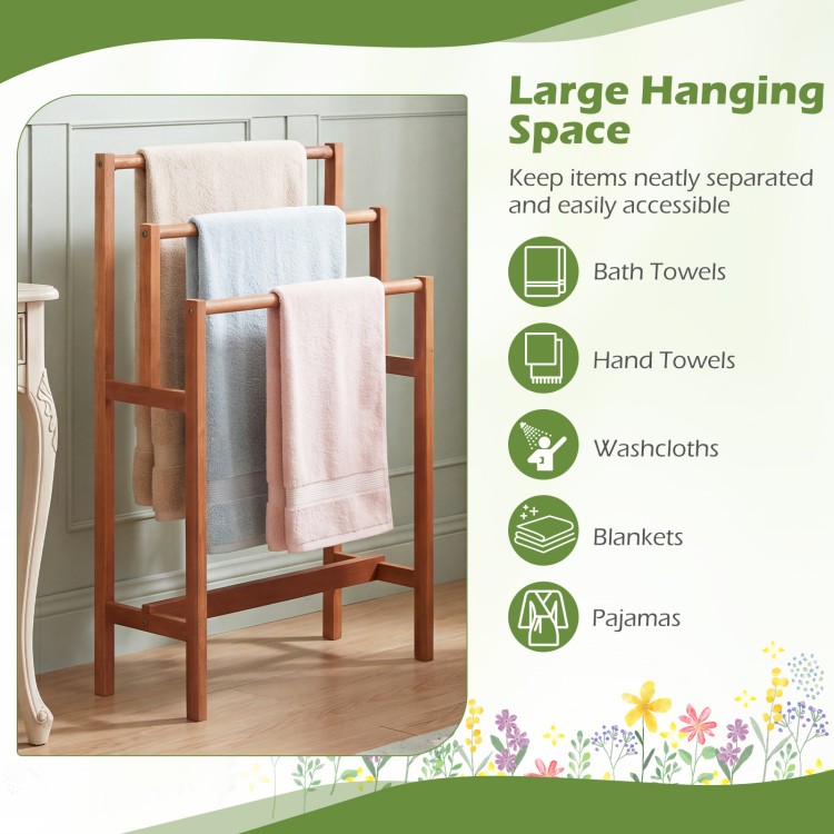 Solid wood 3-tier freestanding towel rack with teak oil finish, ideal for organizing bath towels and blankets in any.