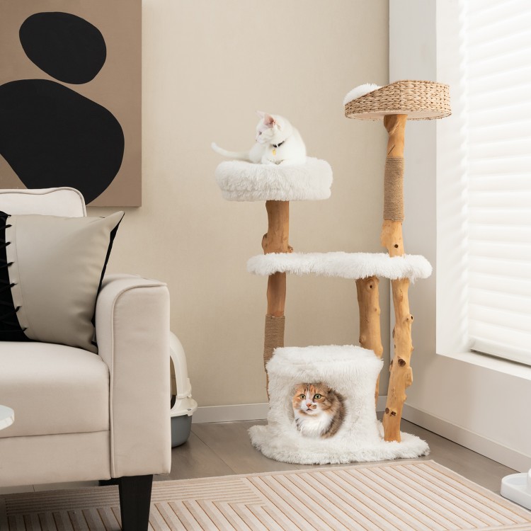 Solid wood cat tower with a top cattail basket, spacious condo, and plush cushions for indoor cats' comfort and play.