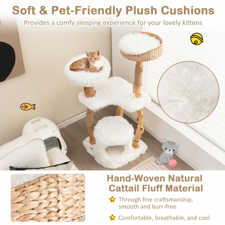 Solid wood cat tower featuring a hand-woven cattail basket, plush cushions, and jute rope scratching posts for indoor.