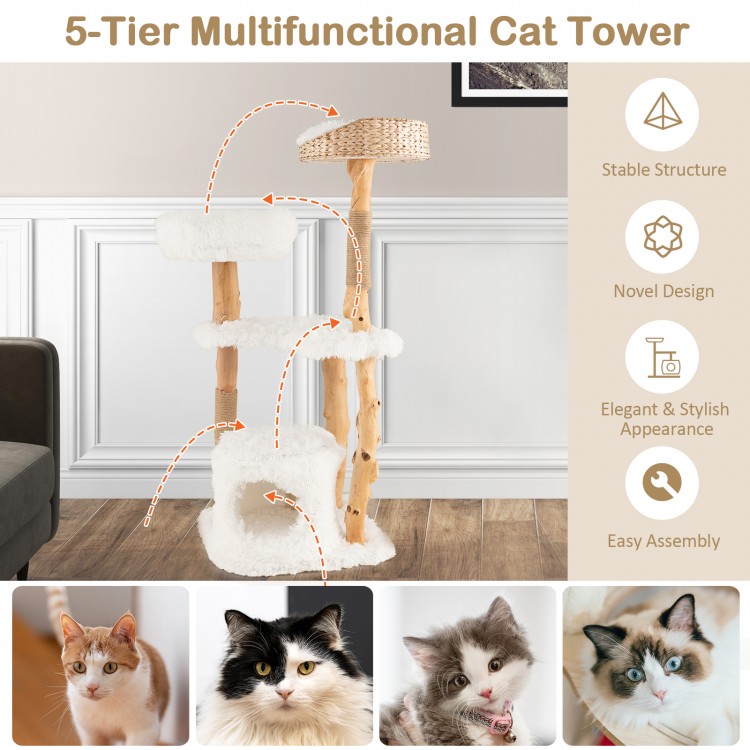 5-tier solid wood cat tower featuring a hand-woven cattail basket, plush cushions, and jute rope scratching posts for.