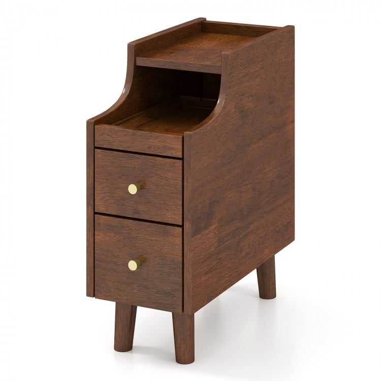 Narrow brown solid wood end table with pull-out tray and two storage drawers for bedside essentials.