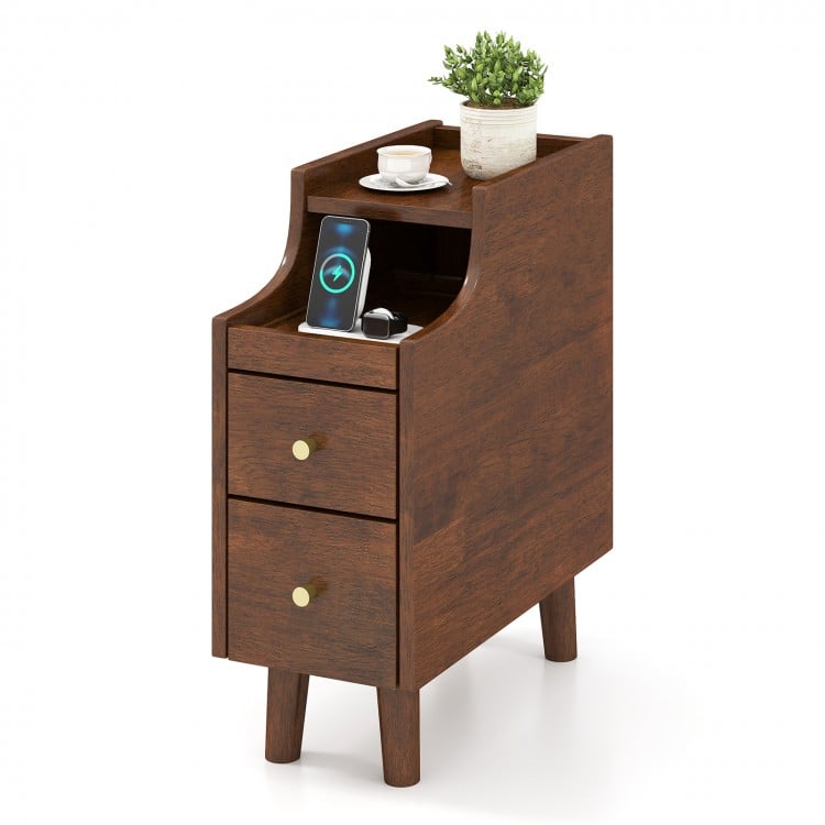 Narrow brown solid wood end table with pull-out tray, two drawers, and cable management for bedside convenience.