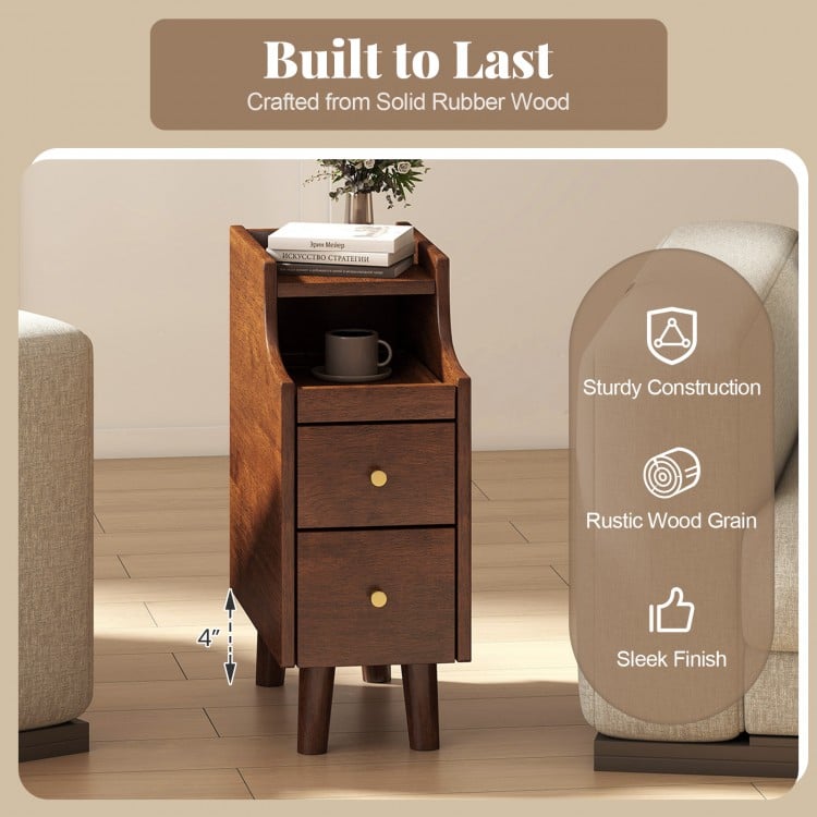 Narrow brown solid wood end table with pull-out tray and two storage drawers, perfect for bedside organization.