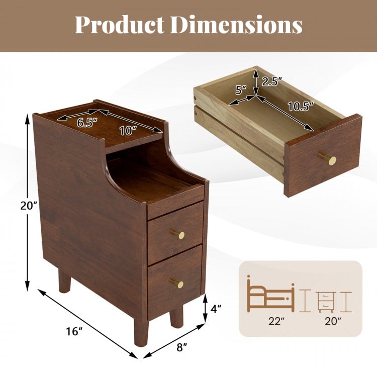 Solid wood end table in brown with pull-out tray, two drawers, and cable management for bedside organization.