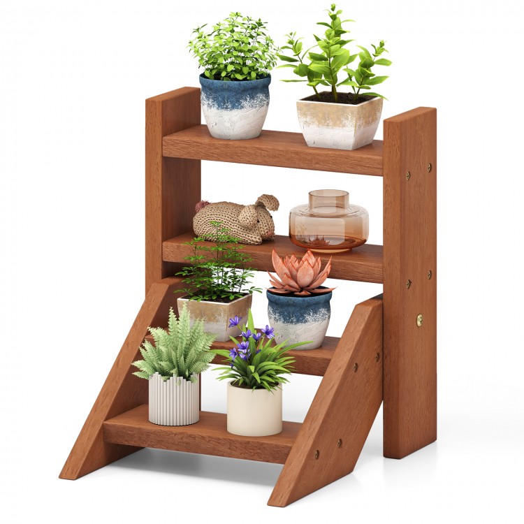 Solid wood plant stand with four tiers, featuring a waterproof finish, perfect for displaying flowerpots and succulents.
