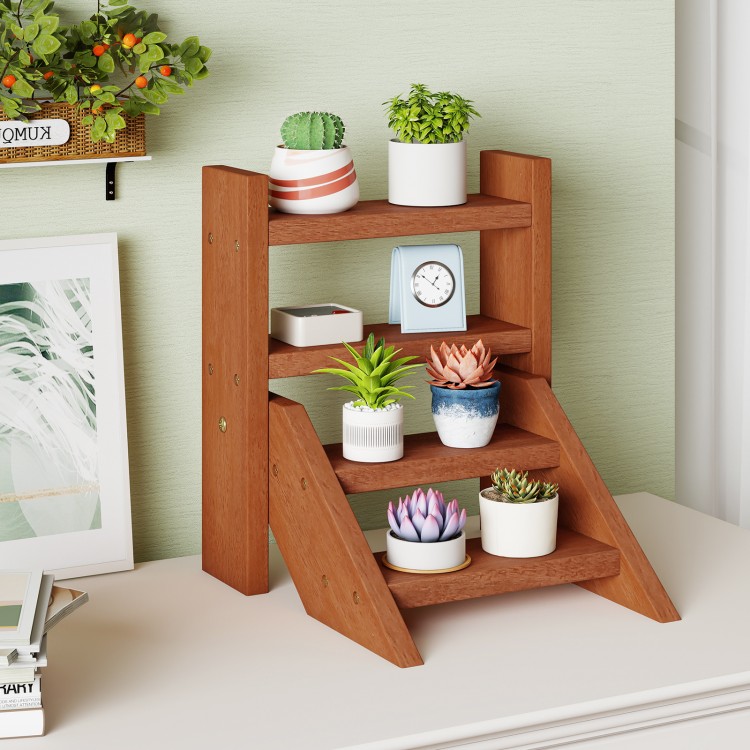 Solid wood plant stand with four tiers, featuring a smooth finish, ideal for displaying flowerpots and succulents.