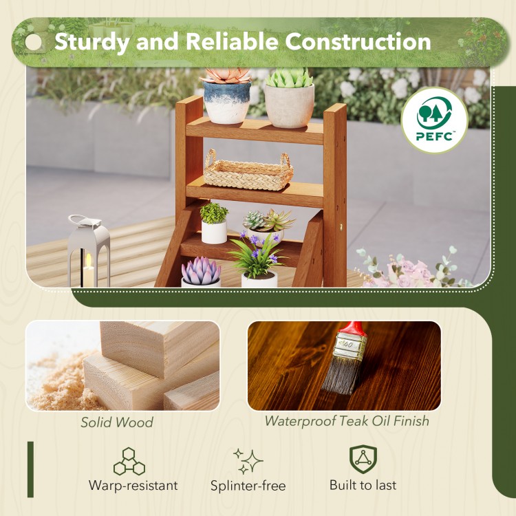 Solid wood plant stand with waterproof teak oil finish, featuring 4 tiers for displaying potted plants indoors or.