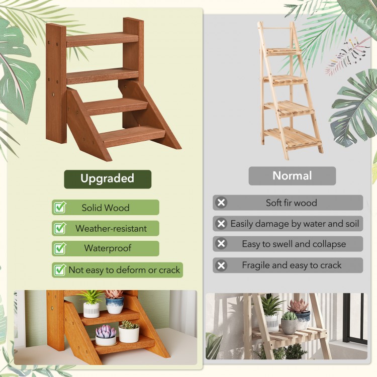 Solid wood plant stand with four tiers, waterproof finish, perfect for displaying flowerpots on tabletops or.