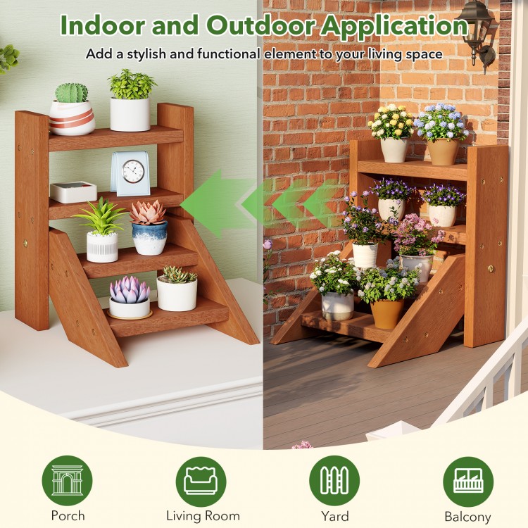 Solid wood plant stand with 4 tiers, waterproof finish, perfect for displaying flowerpots in various indoor and outdoor.