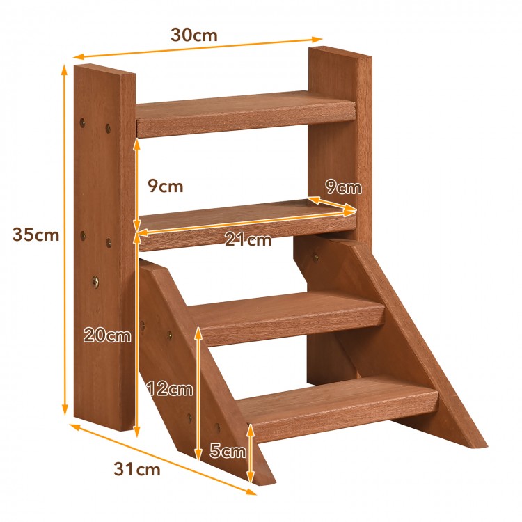 Solid wood plant stand with four tiers, waterproof finish, ideal for displaying flowerpots on tabletops or windowsills.