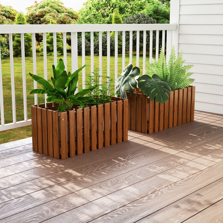 Solid wood raised garden beds with slat design, treated for weather resistance, perfect for flowers and vegetables on.