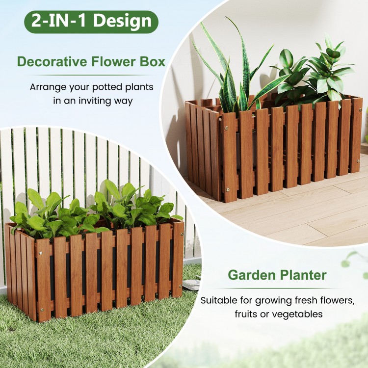 Solid wood raised garden bed with slat design, ideal for flower and vegetable planting, suitable for patios and gardens.