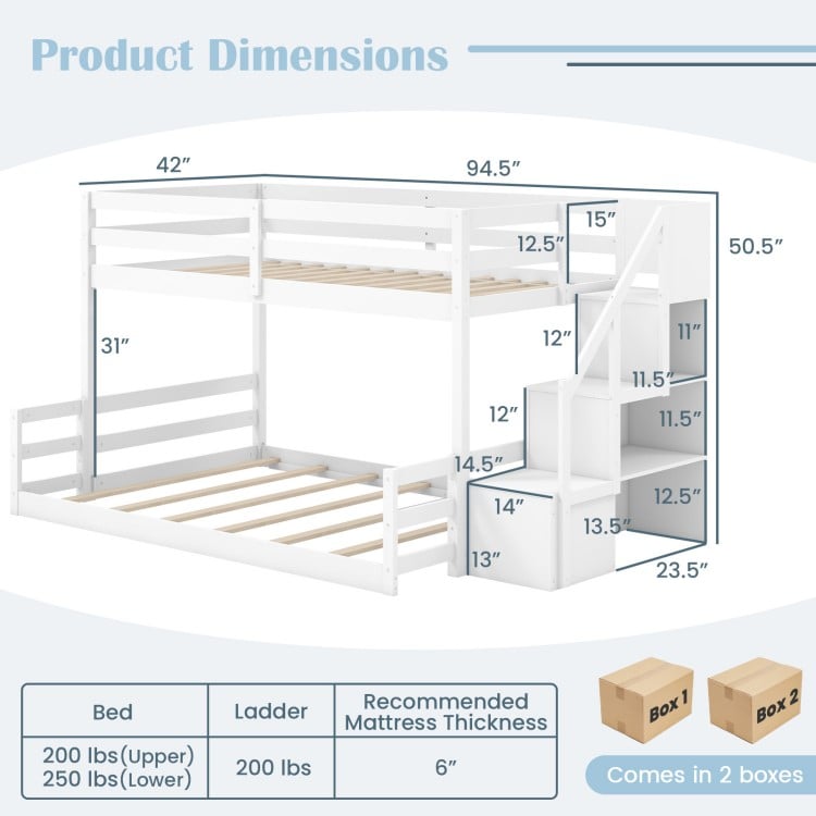 Twin over full low bunk bed with storage stairs in white, featuring solid wood frame and safety guardrails for kids'.