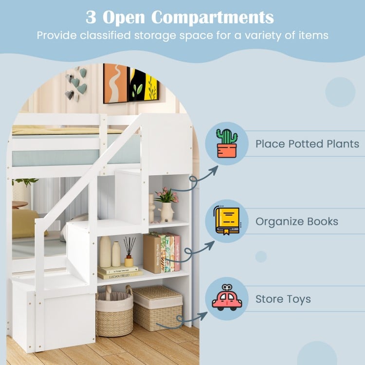 Solid wood twin over full low bunk bed with storage stairs and 3 open compartments for organizing books and toys.