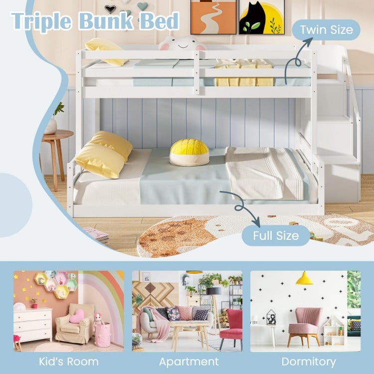 Solid wood twin over full low bunk bed with storage stairs, featuring a child-friendly design for kids' rooms or.