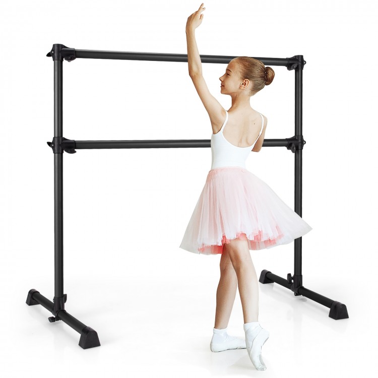 Freestanding ballet barre in black, adjustable height for dancing and stretching, supports up to 220 lbs, ideal for.