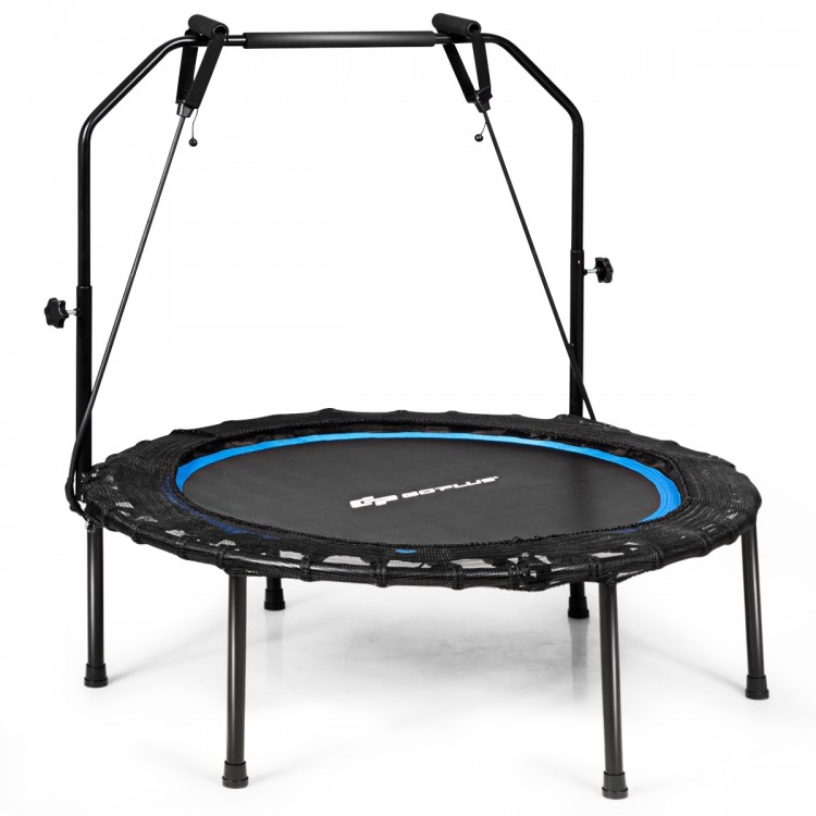 40-inch foldable fitness rebounder with resistance bands, sturdy steel frame, and adjustable handrail for home exercise.