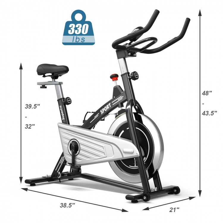 Fixed training bicycle with 30 lbs flywheel, adjustable seat and handlebars, LCD monitor, supports up to 330 lbs.