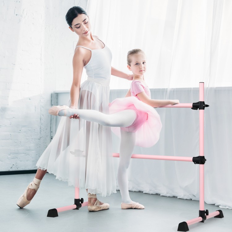 Portable pink ballet barre with double adjustable bars, stable anti-slip footpads, ideal for home or dance studio use.