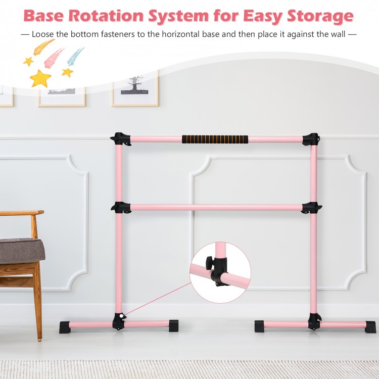 Portable pink Pilates ballet barre with adjustable double dance bars and anti-slip footpads for stable workouts.